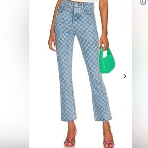 Lovers + Friends Checkered Denim Blue Jeans